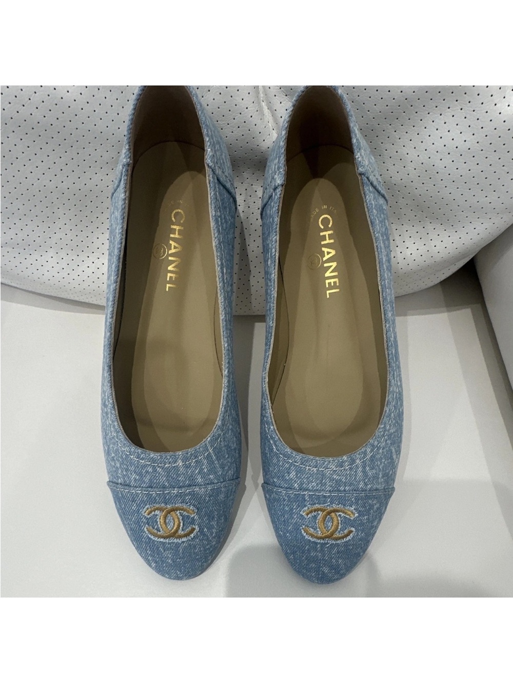 CHANEL Light Blue Denim Ballet Flats with Gold CC Emblem